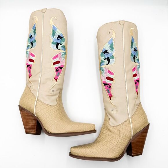 dingo Shoes - Dingo Cream White Leather Butterfly Embroidered Knee High Cowgirl Cowboy Boots